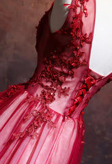 Lovely Wine Red V-neckline Tulle Party Gown, A-line Prom Dress