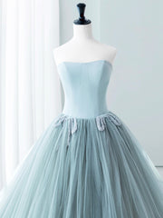Blue Satin Tulle Long Prom Dress, Lovely Strapless Evening Dress