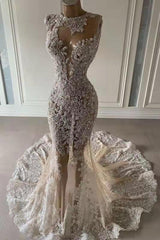 Luxurious Mermaid Lace Appliques Wedding Dress Sheer Skirt