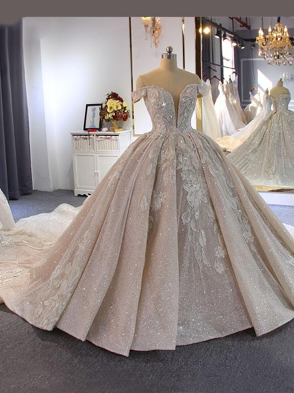 Luxury Ball Gown Off-the-Shoulder Beading Wedding Dresses With Train