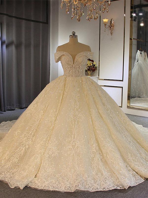 Luxury Long Ball Gown Off-the-Shoulder Lace Tulle Wedding Dresses with Beading