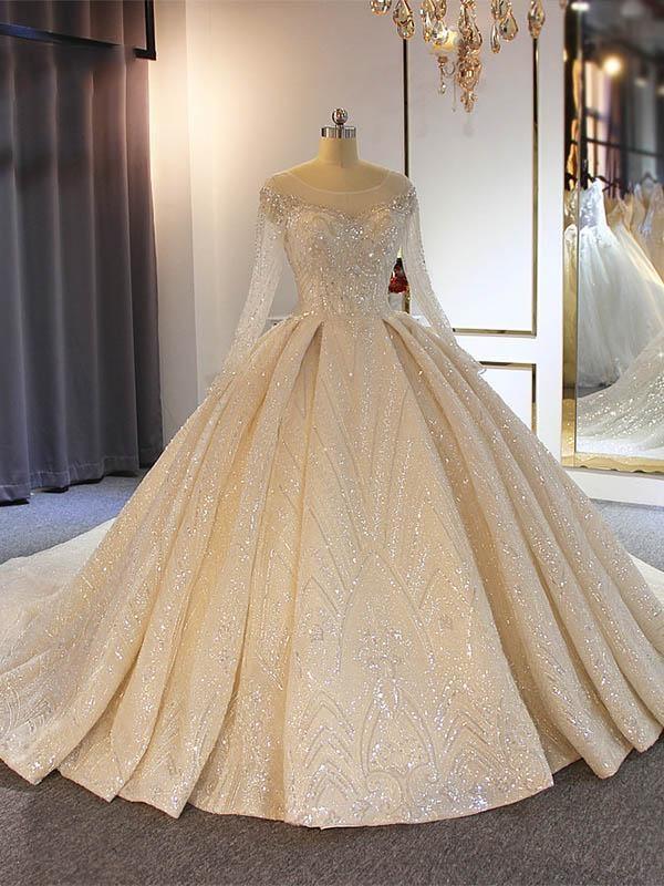 Luxury Long Ball Gown Sweetheart Lace Wedding Dresses with Sleeves