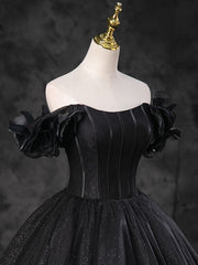Black Sparkly Tulle Off the Shoulder Long Formal Dress, Elegant A-Line Black Evening Party Dress