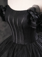 Black Sparkly Tulle Off the Shoulder Long Formal Dress, Elegant A-Line Black Evening Party Dress