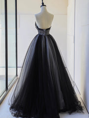 Black Strapless Tulle Lace Long Prom Dress, Black A-Line Sweetheart Neck Evening Party Dress