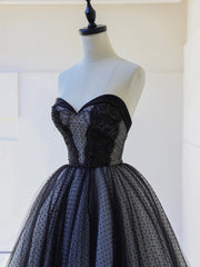 Black Strapless Tulle Lace Long Prom Dress, Black A-Line Sweetheart Neck Evening Party Dress