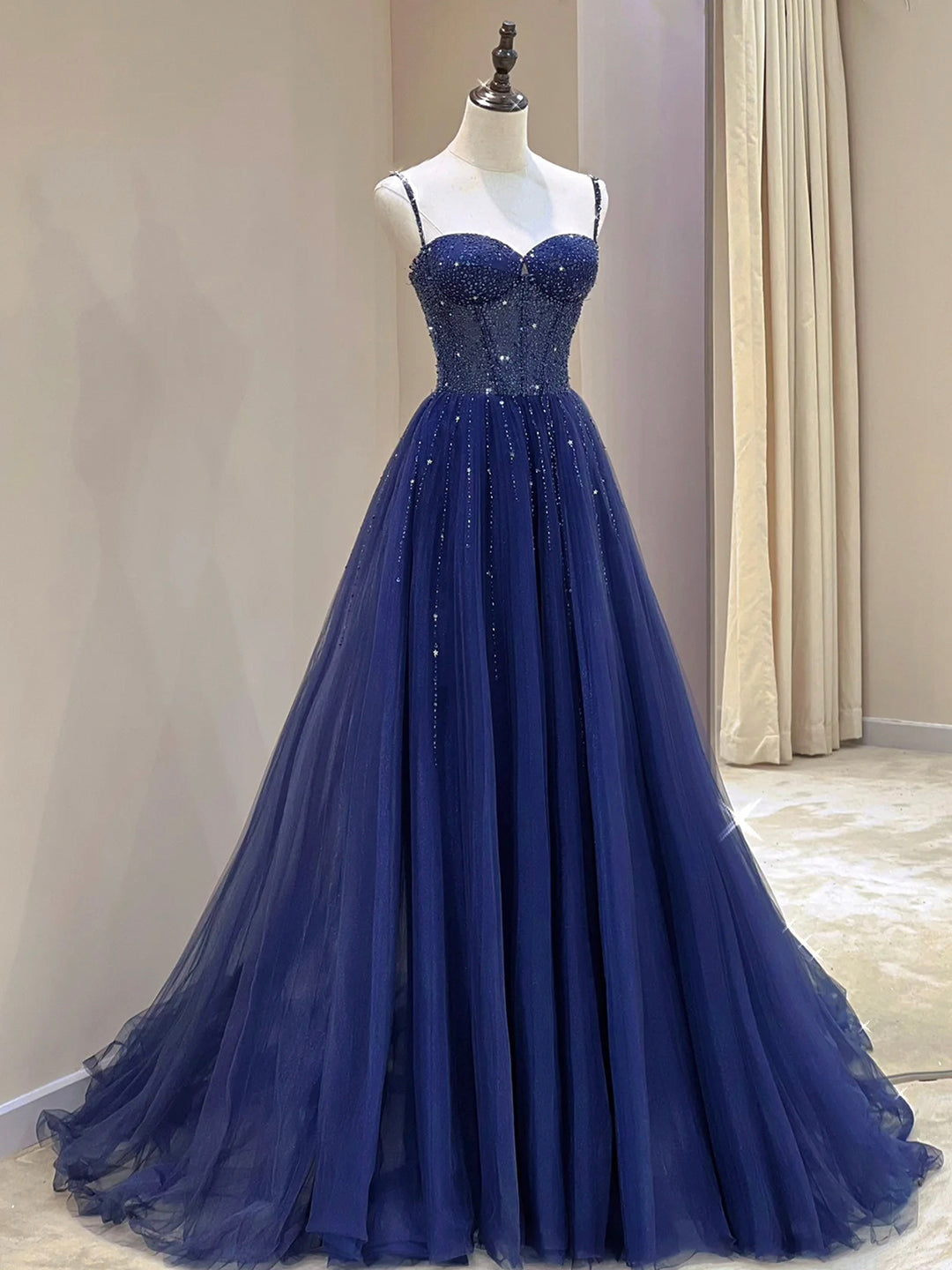 Blue Spaghetti Straps Tulle Beaded Long Formal Dress, Blue A-Line Evening Dress with Corset