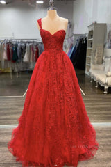 One Shoulder Open Back Red Lace Long Prom Dresses, Sweetheart Neck Red Lace Formal Dresses, Red Evening Dresses