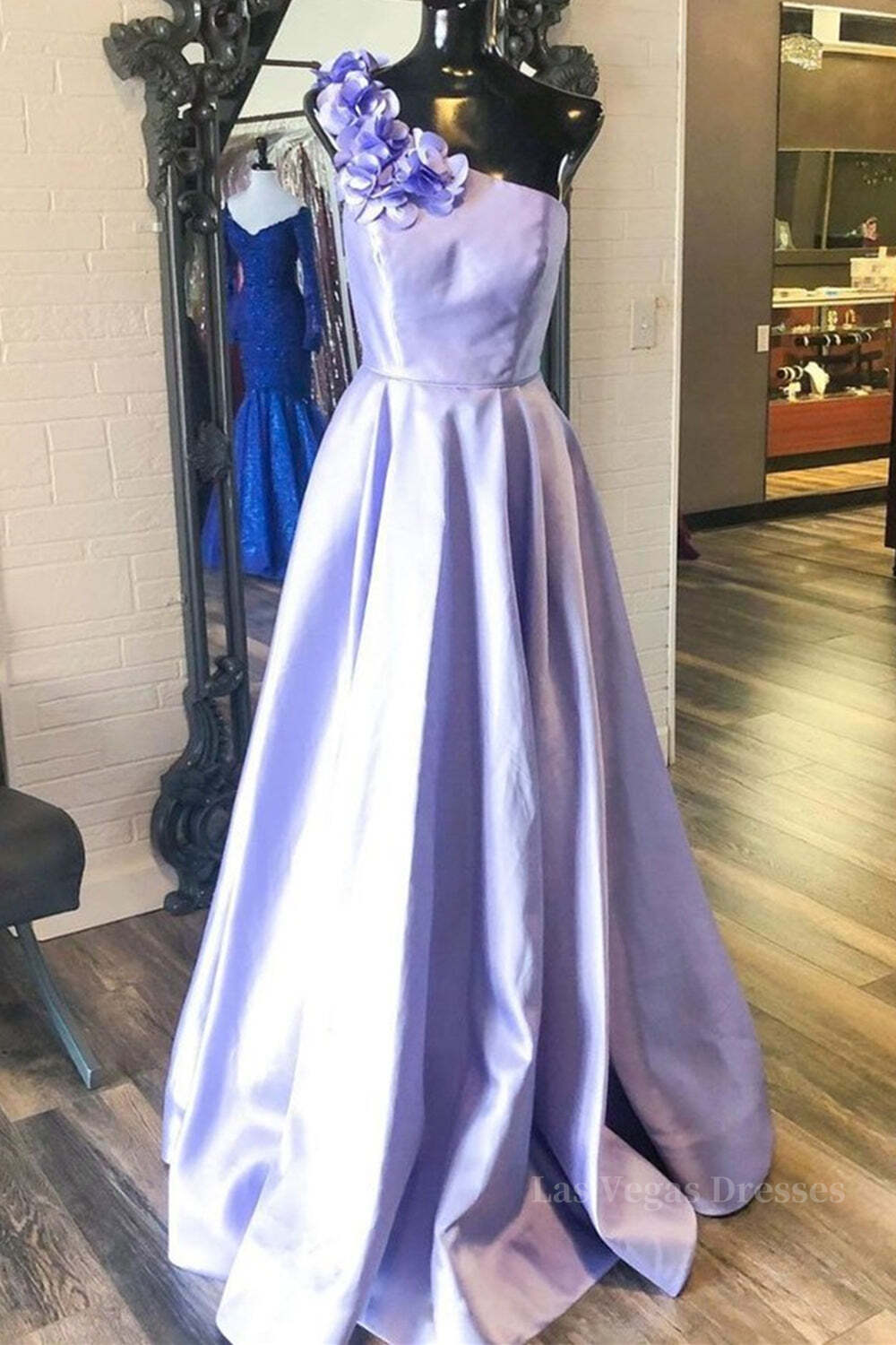 One Shoulder Purple Satin Long Prom Dresses with Flowers, Purple Formal Evening Dresses