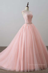 Pink tulle lace long prom dress, pink tulle evening dress