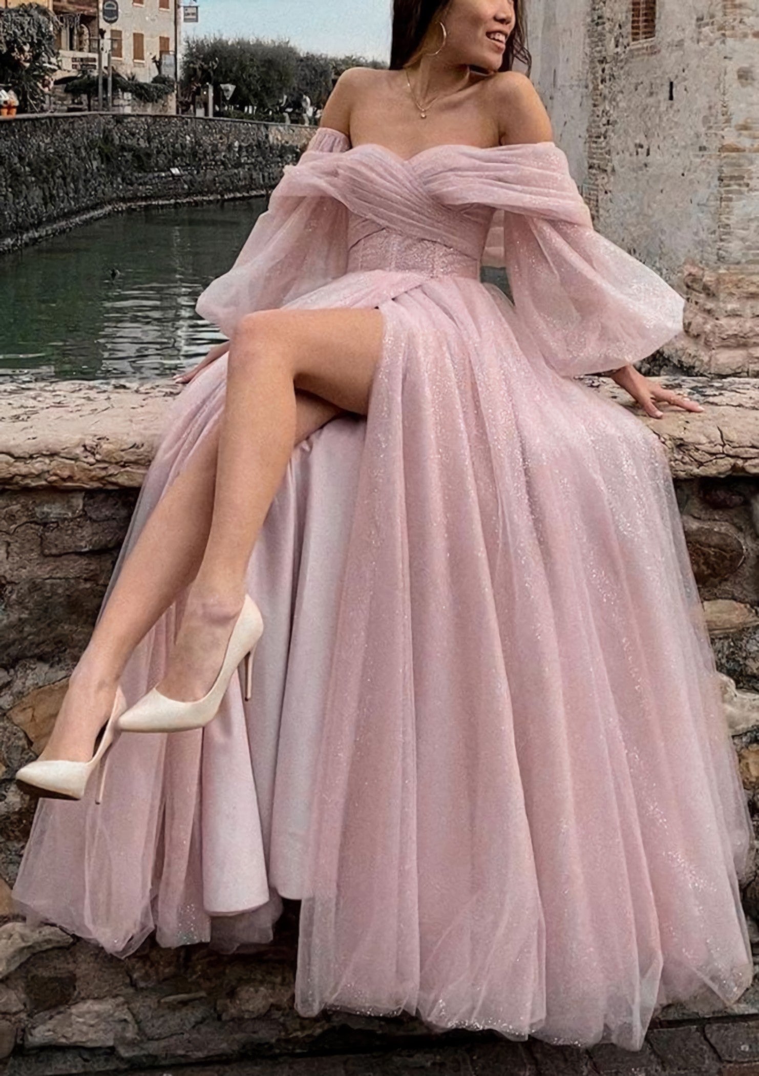Princess Off The Shoulder Sweep Train Tulle Prom Dress With Pleated Split