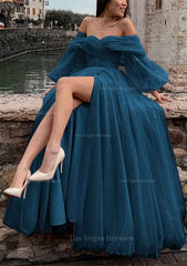 Princess Off The Shoulder Sweep Train Tulle Prom Dress With Pleated Split
