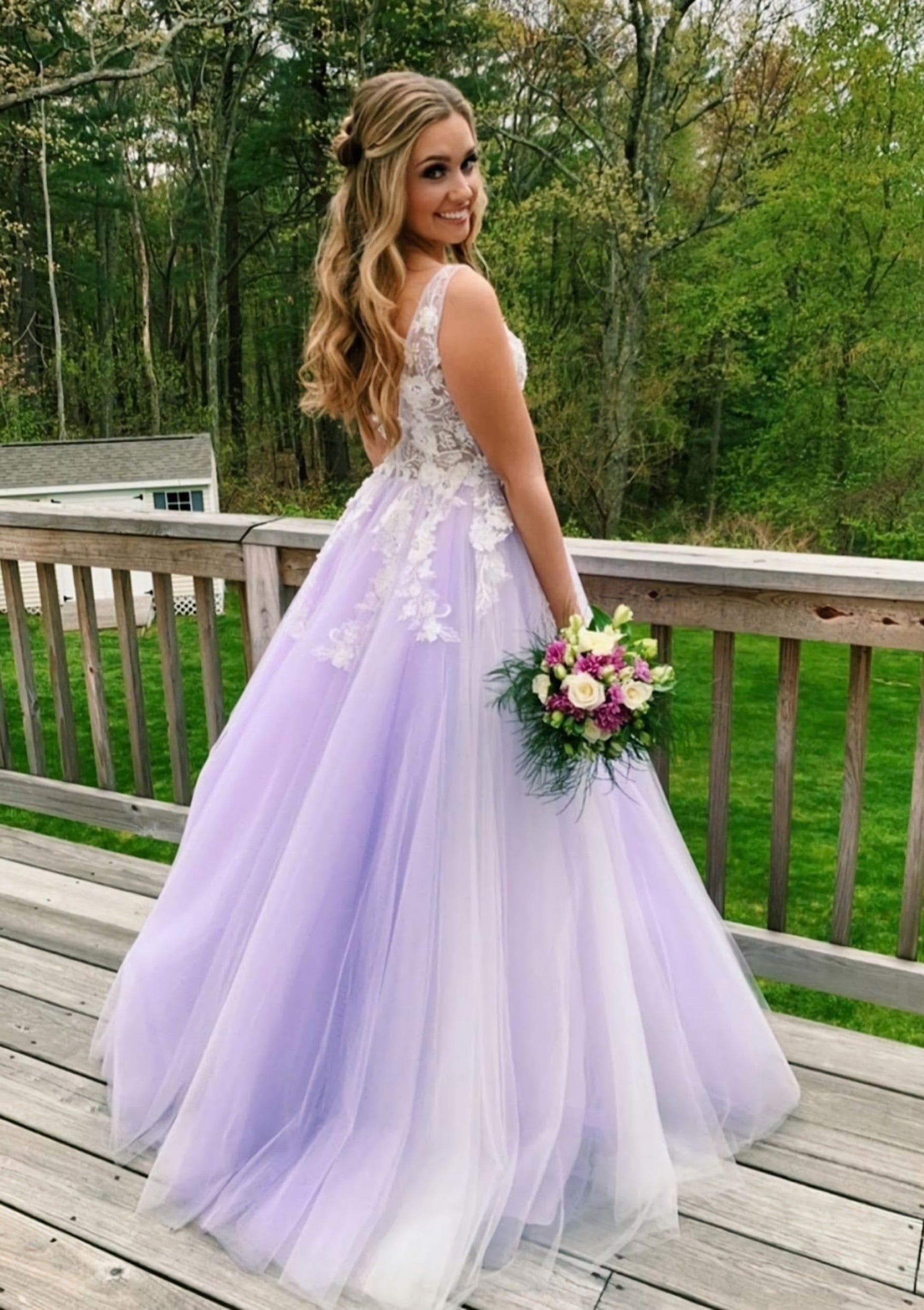Princess V Neck Sweep Train Tulle Prom Dress With Appliqued