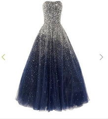 A Line Navy Blue Beading Tulle Prom Dresses