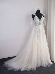 Shinny Long A-Line V-Neck Backless Sequins Wedding Dresses