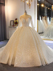 Shinny Long Ball Gown Sweetheart Sparkling Wedding Dresses with Sleeves