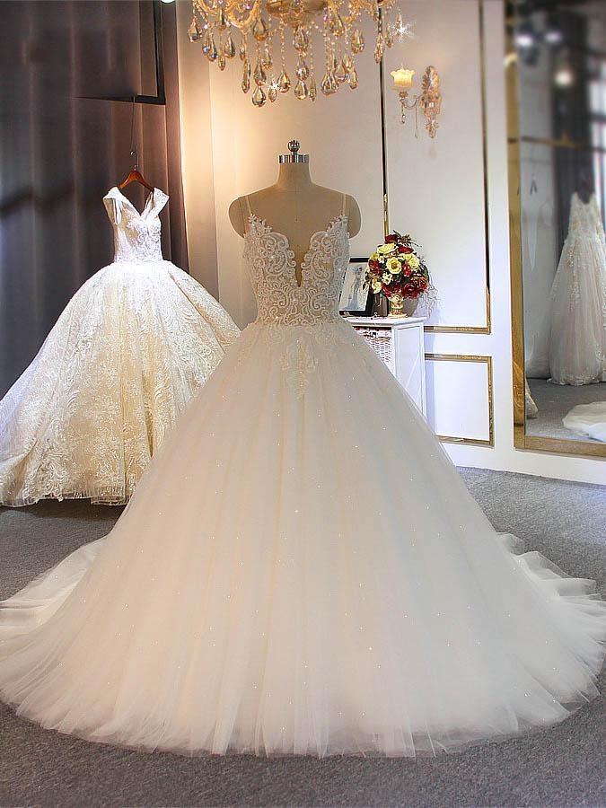 Shiny Long Ball Gown Sweetheart Spaghetti Strap Lace Tulle Wedding Dresses