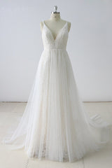 Simple Long A-line V Neck Tulle Wedding Dress