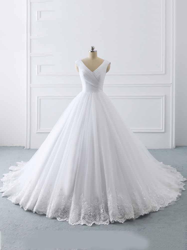 Simple Long Ball Gown V-Neck Lace-Up Tulle Wedding Dresses
