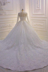 Sparkle Lace Ball Gown High Neck Tull Long Sleevess Wedding Dress