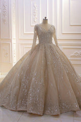 Sparkle Lace Long Sleevess Champange Luxurious corset Wedding Dress