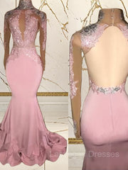 Trumpet/Mermaid High Neck Sweep Train Jersey Evening Dresses With Appliques Lace