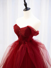 Burgundy Sweetheart Tulle Long Prom Dress with Beaded, Burgundy Party Dress