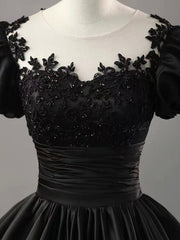 Black Scoop Neckline Satin Lace Long Prom Dress, A-Line Short Sleeve Party Dress