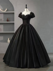 Black Scoop Neckline Satin Lace Long Prom Dress, A-Line Short Sleeve Party Dress