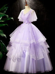 Fairy Purple Floral Floor Length Prom Dress, Beautiful V-Neck Party Birthday Dress