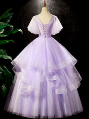 Fairy Purple Floral Floor Length Prom Dress, Beautiful V-Neck Party Birthday Dress