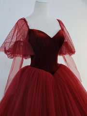Burgundy Velvet and Tulle Floor Length Formal Dress, A-Line Long Sleeve Tulle Evening Party Dress